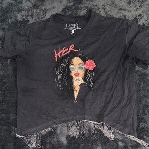 HER Graphic Black T-Shirt with Fringe